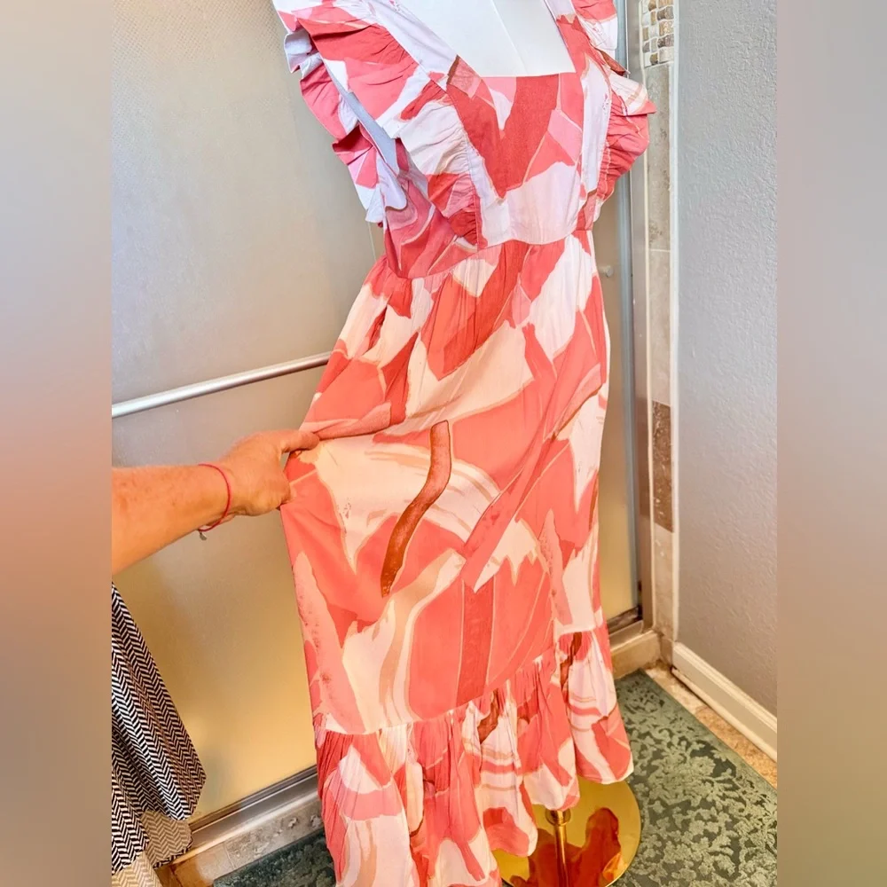 PETAL & PUP Ruffle Sleeve Vibrant Coral & White Tiered Maxi Dress